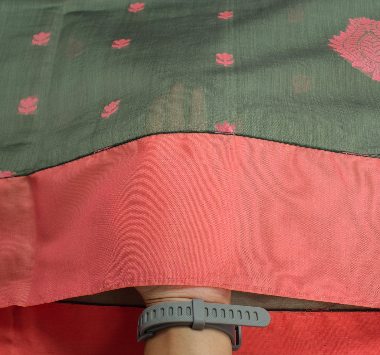 Sushila Vintage Green Saree with Pink Border Pure Cotton Woven Sari Craft Fabric
