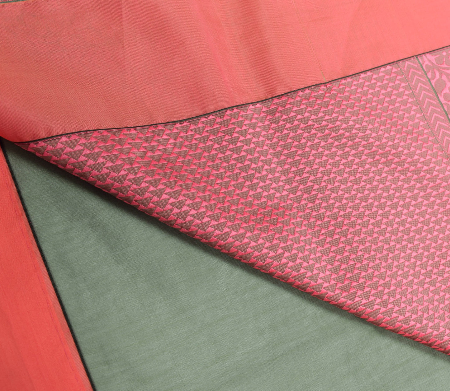 Sushila Vintage Green Saree with Pink Border Pure Cotton Woven Sari Craft Fabric