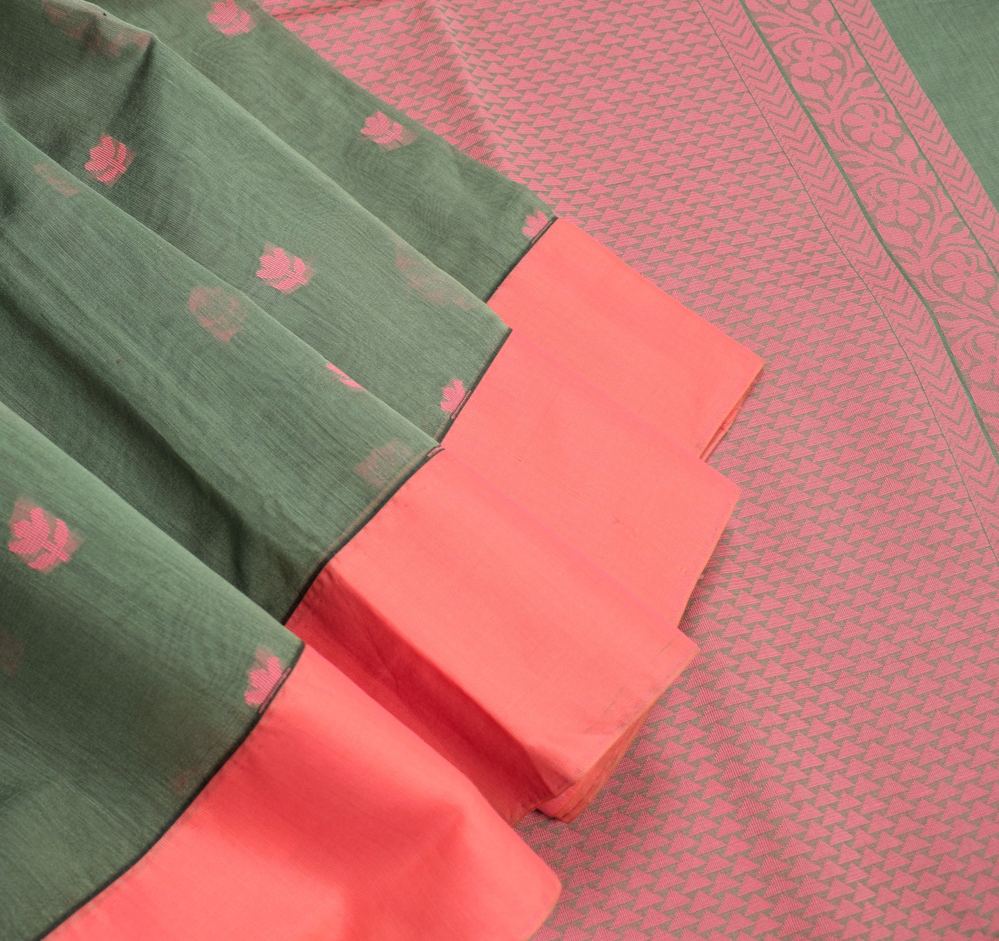 Sushila Vintage Green Saree with Pink Border Pure Cotton Woven Sari Craft Fabric