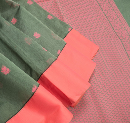 Sushila Vintage Green Saree with Pink Border Pure Cotton Woven Sari Craft Fabric