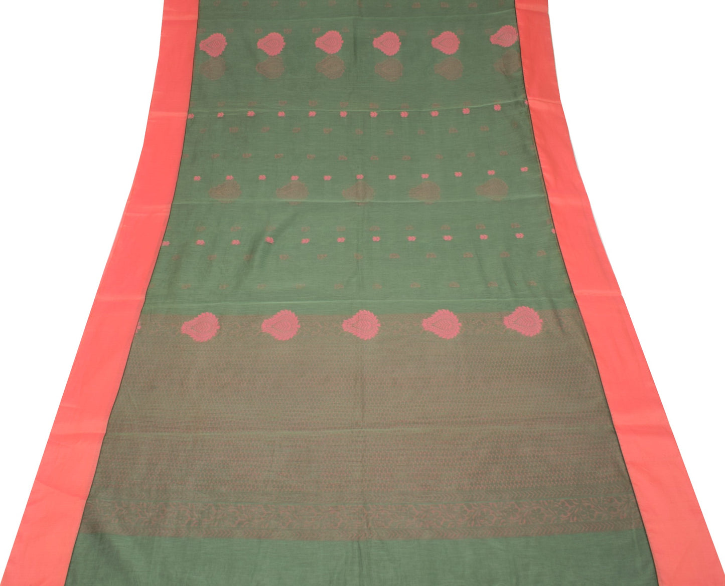 Sushila Vintage Green Saree with Pink Border Pure Cotton Woven Sari Craft Fabric