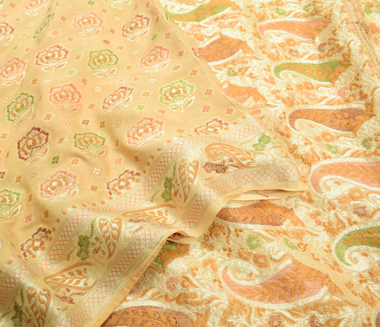 Sushila Vintage Pure Khaddi Chiffon Silk Banarasi Handloom Woven Beige Sari