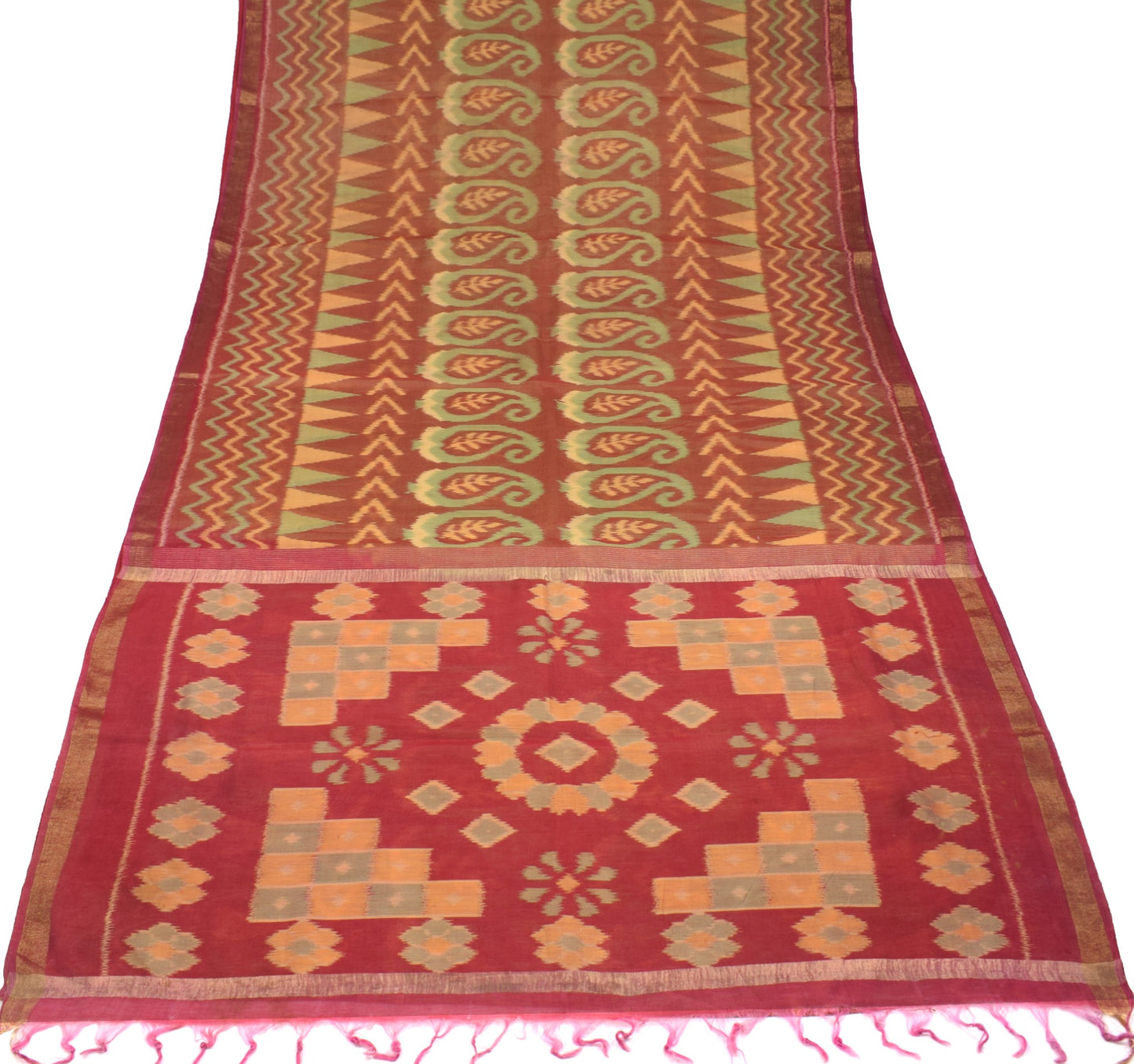 Sushila Vintage Maroon Saree Pure Cotton Silk Hand Woven Pochampally Ikat Sari