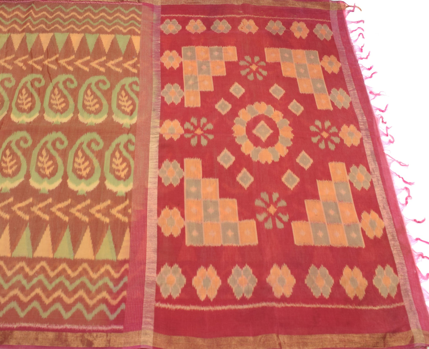 Sushila Vintage Maroon Saree Pure Cotton Silk Hand Woven Pochampally Ikat Sari