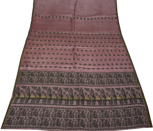 Sushila Vintage Mauve Baluchari Saree 100%Pure Silk Hand Woven HEAVY Sari Fabric