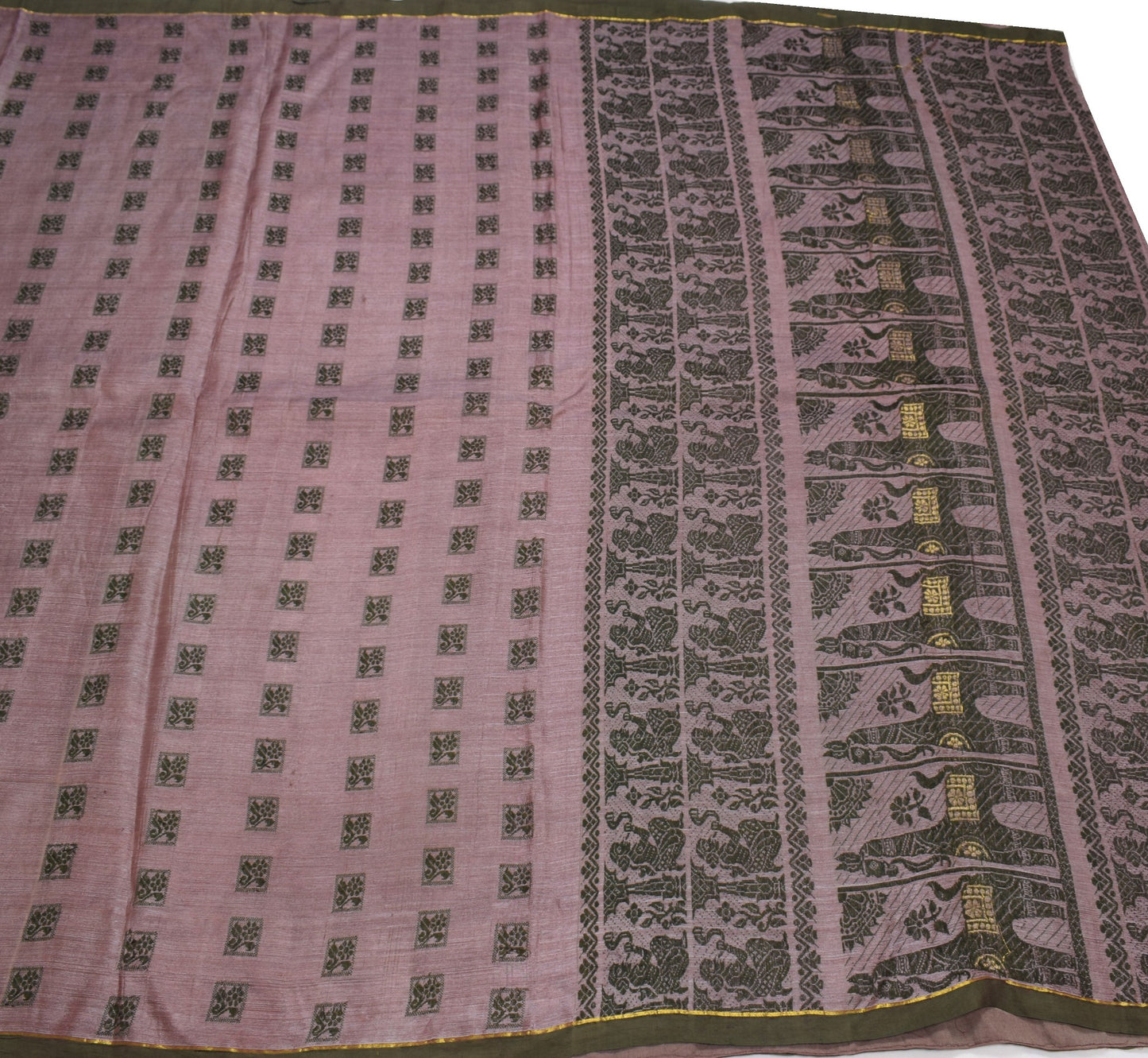 Sushila Vintage Mauve Baluchari Saree 100%Pure Silk Hand Woven HEAVY Sari Fabric