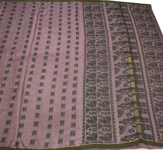 Sushila Vintage Mauve Baluchari Saree 100%Pure Silk Hand Woven HEAVY Sari Fabric