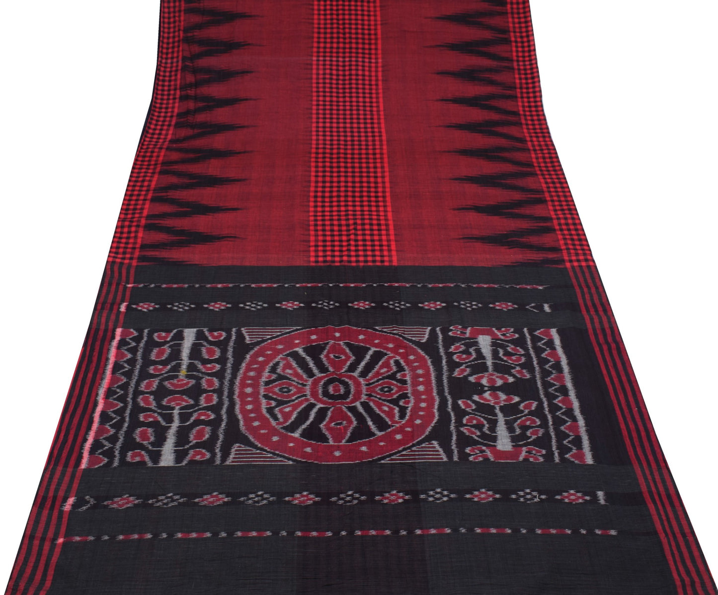 Sushila Vintage Maroon Black Saree Hand Woven Ikat Patola PureCotton Sari Fabric