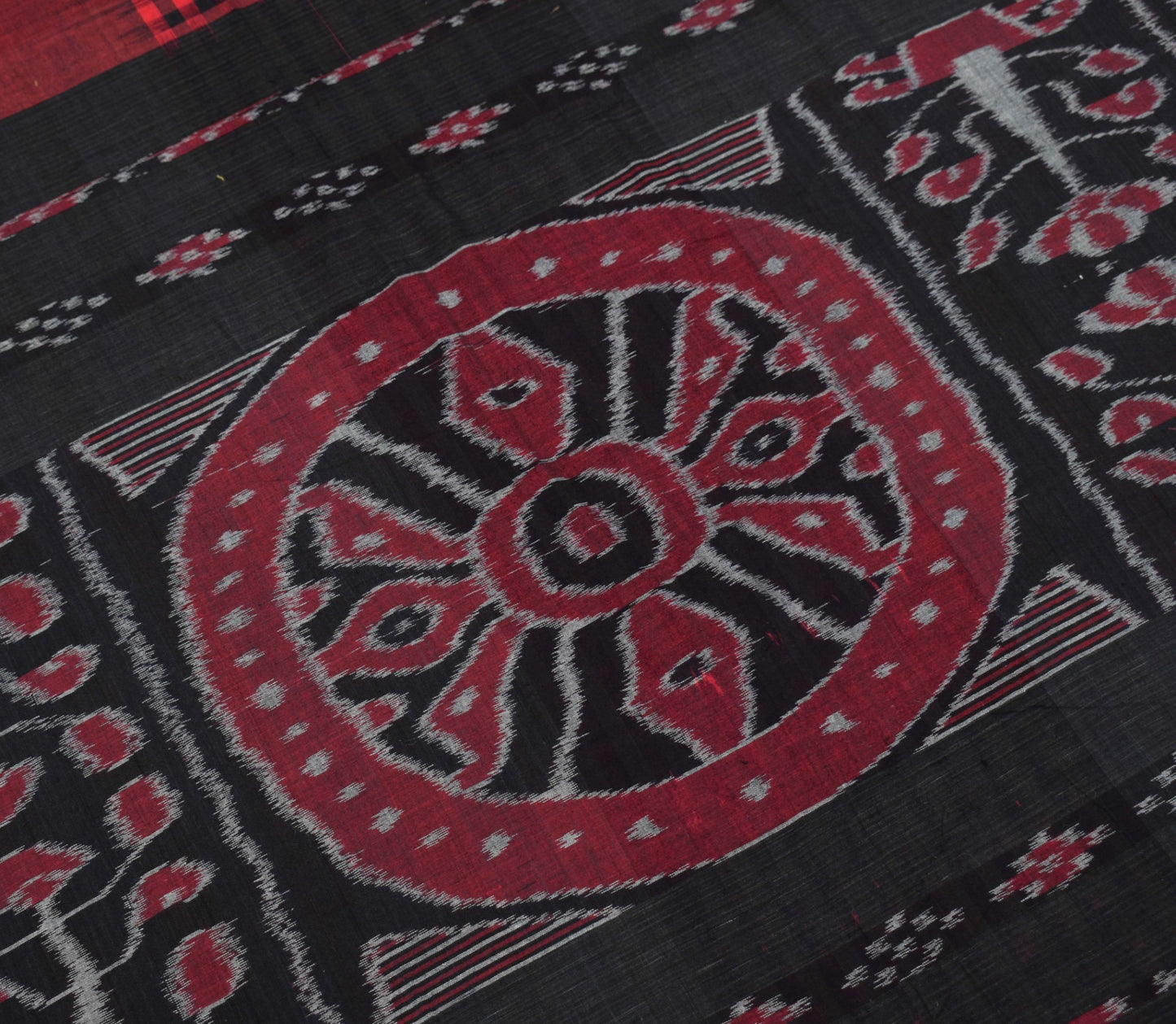 Sushila Vintage Maroon Black Saree Hand Woven Ikat Patola PureCotton Sari Fabric