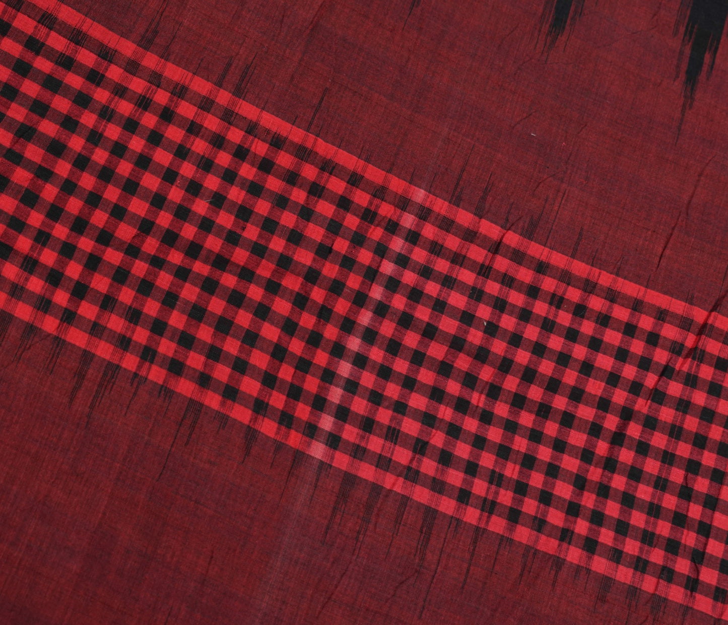 Sushila Vintage Maroon Black Saree Hand Woven Ikat Patola PureCotton Sari Fabric