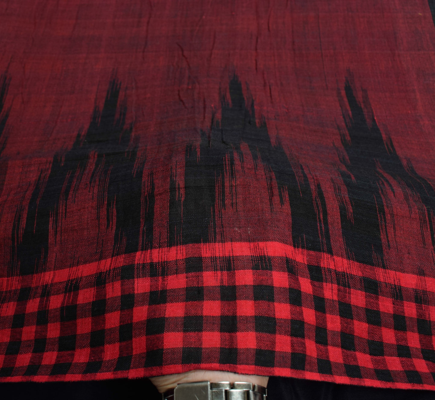 Sushila Vintage Maroon Black Saree Hand Woven Ikat Patola PureCotton Sari Fabric