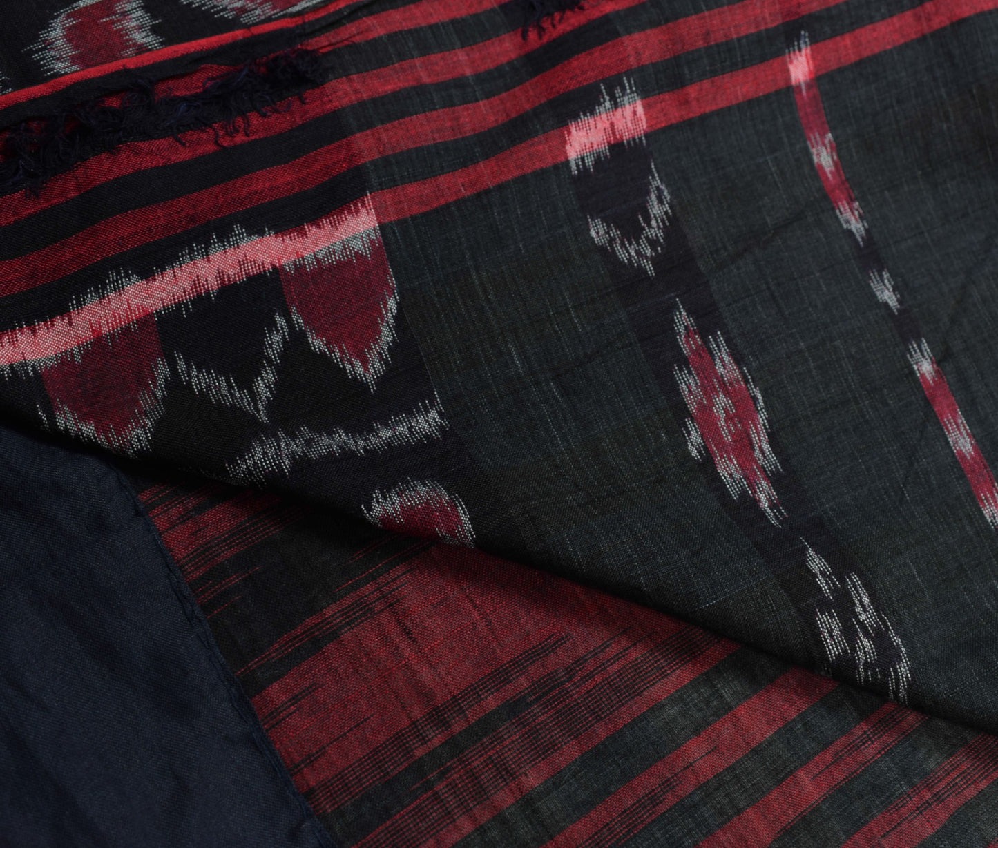 Sushila Vintage Maroon Black Saree Hand Woven Ikat Patola PureCotton Sari Fabric