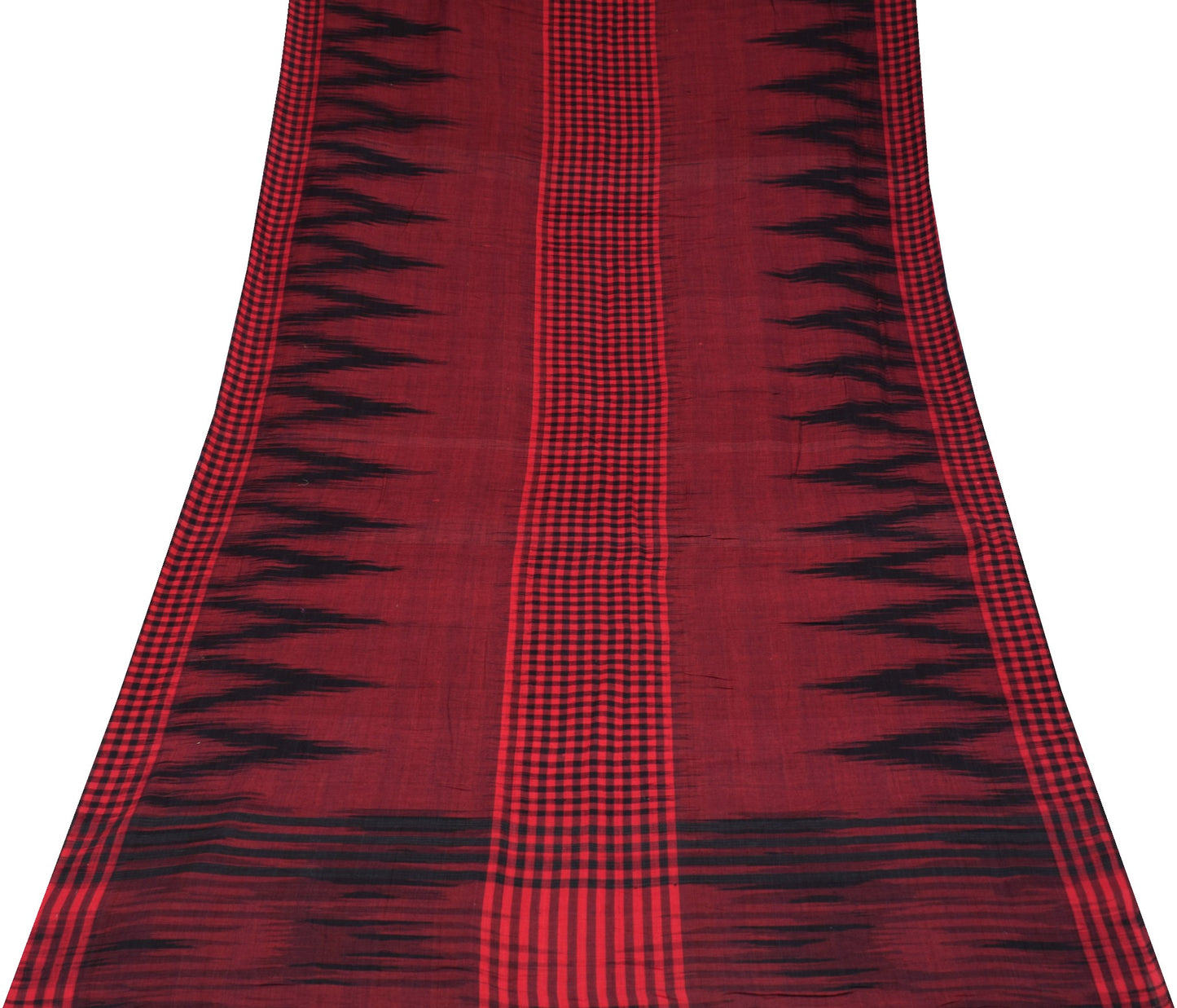 Sushila Vintage Maroon Black Saree Hand Woven Ikat Patola PureCotton Sari Fabric