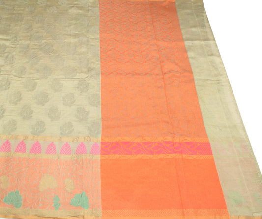Sushila Vintage Light Brown Saree Floral Woven 100% Pure Silk Indian Sari Fabric