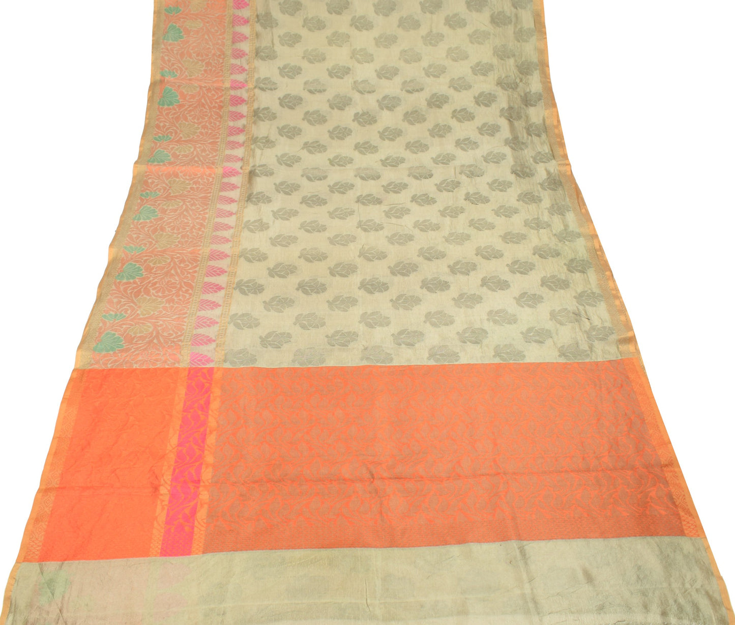 Sushila Vintage Light Brown Saree Floral Woven 100% Pure Silk Indian Sari Fabric