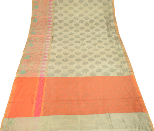 Sushila Vintage Light Brown Saree Floral Woven 100% Pure Silk Indian Sari Fabric