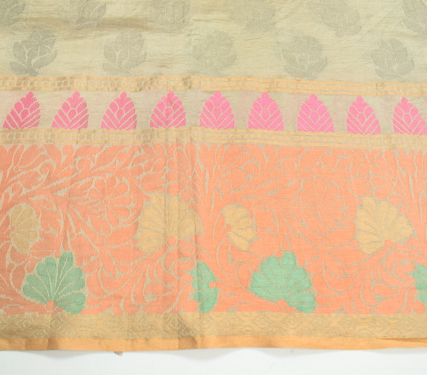 Sushila Vintage Light Brown Saree Floral Woven 100% Pure Silk Indian Sari Fabric