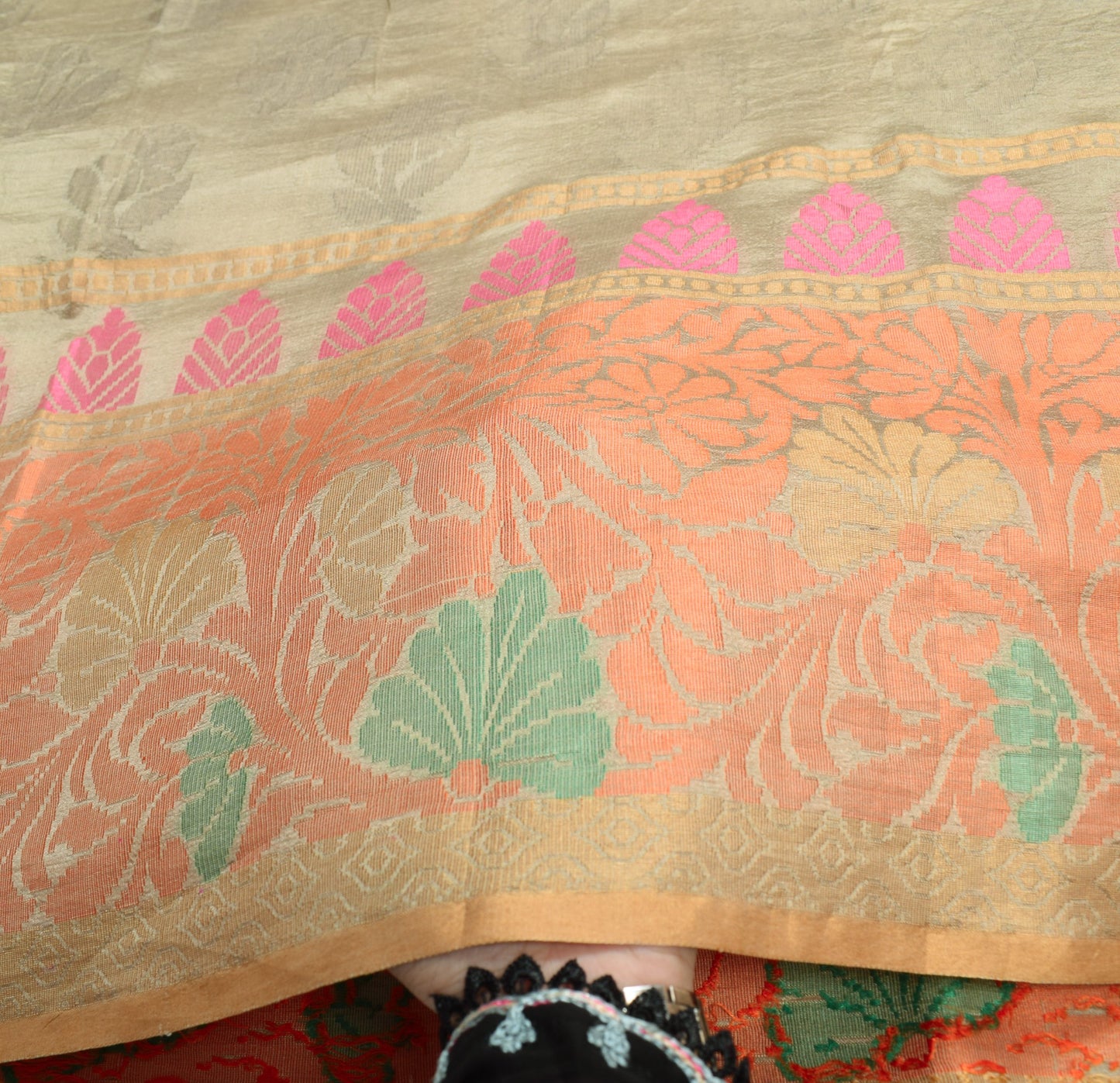 Sushila Vintage Light Brown Saree Floral Woven 100% Pure Silk Indian Sari Fabric