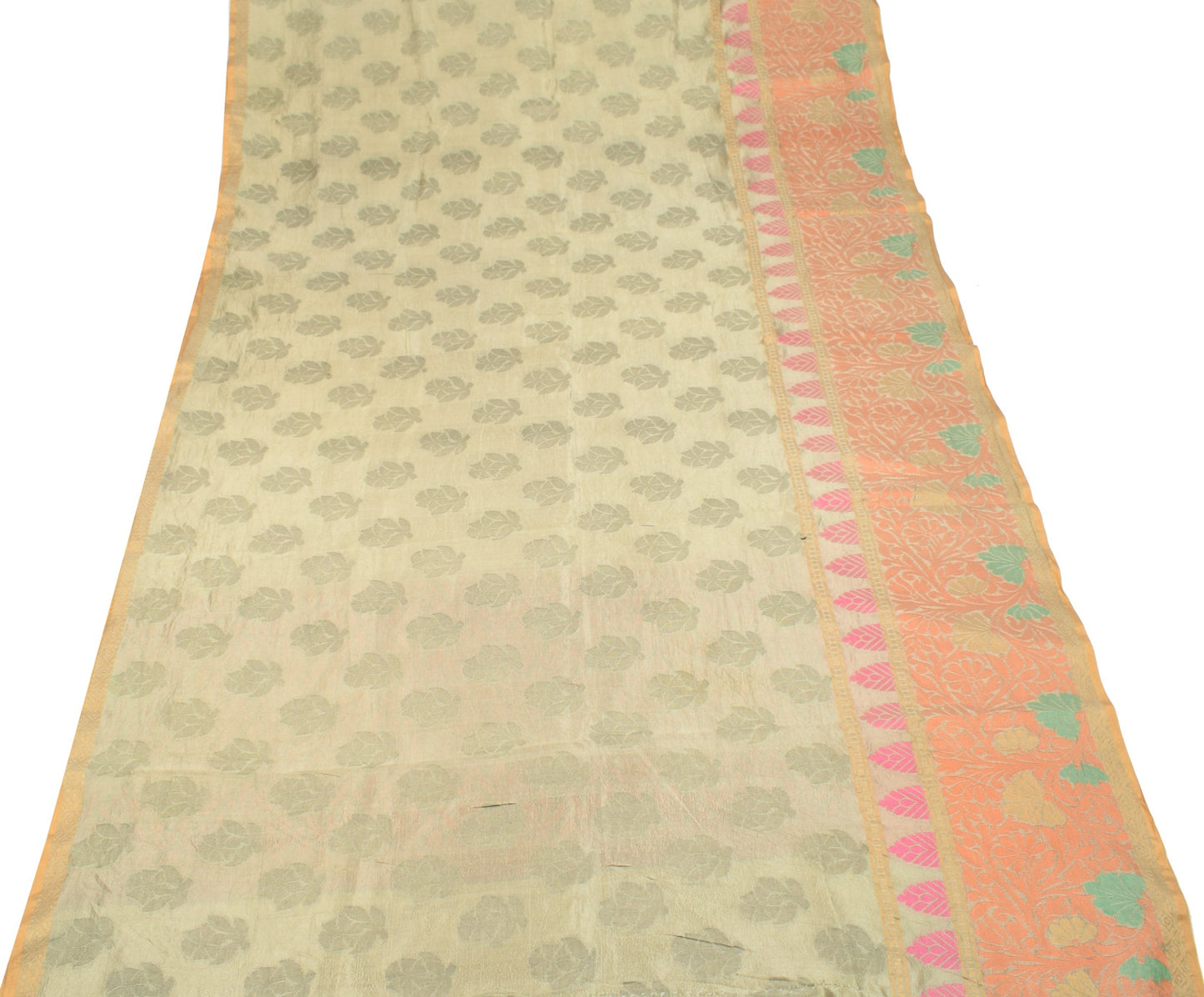 Sushila Vintage Light Brown Saree Floral Woven 100% Pure Silk Indian Sari Fabric