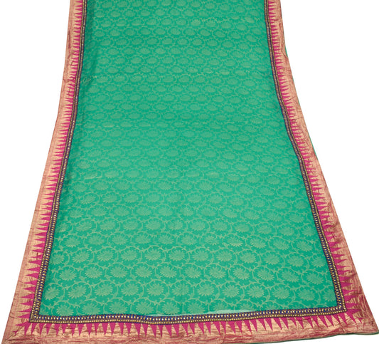 Sushila Vintage Floral Saree with PatchWork Border Teal Green Pure Chiffon Sari