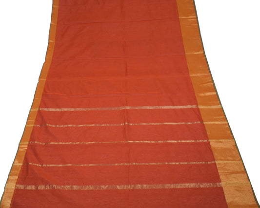 Sushila Vintage Pure Cotton Silk Saree with Broad Zari Border Brown 6 yard Sari