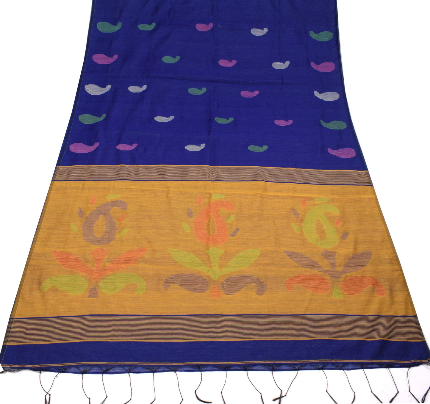 Sushila Vintage Blue Saree Art Cotton Silk Tant Woven Paisley Sari Craft Fabric