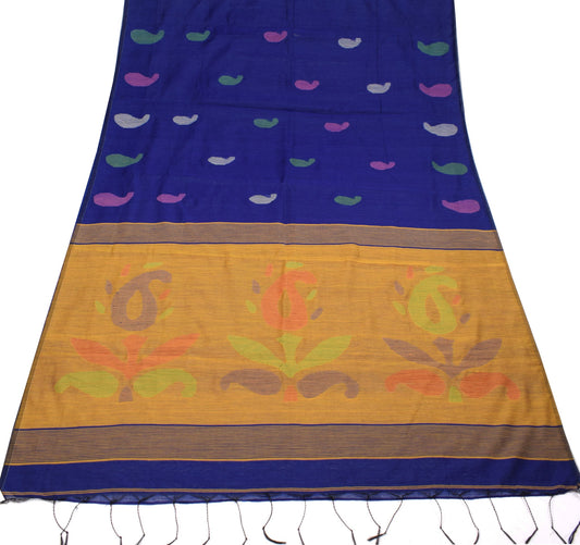 Sushila Vintage Blue Saree Art Cotton Silk Tant Woven Paisley Sari Craft Fabric