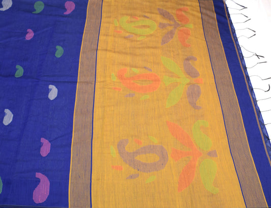 Sushila Vintage Blue Saree Art Cotton Silk Tant Woven Paisley Sari Craft Fabric