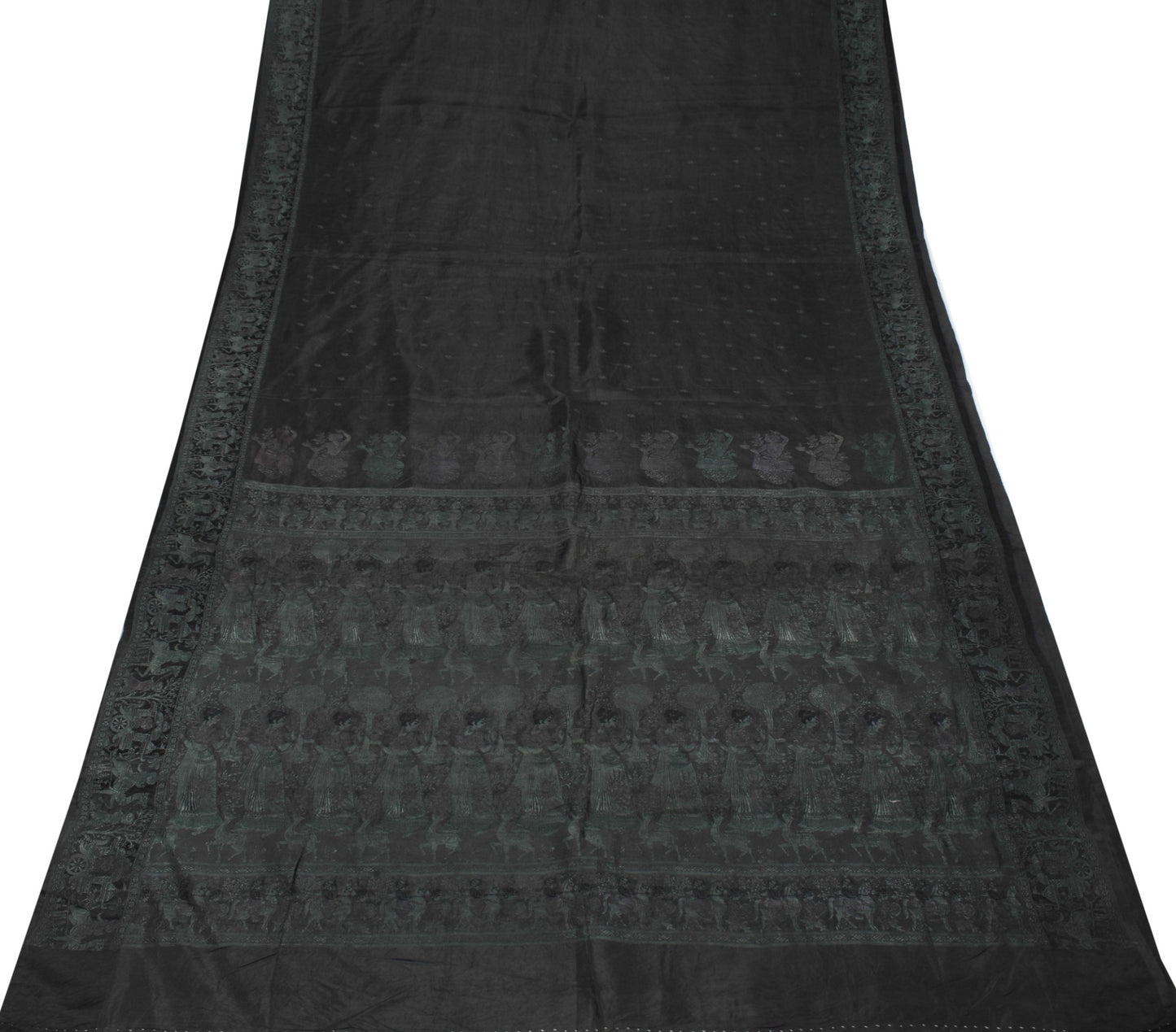 Sushila Vintage Baluchari Woven Saree Black Pure Silk Soft HEAVY Sari Fabric