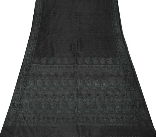 Sushila Vintage Baluchari Woven Saree Black Pure Silk Soft HEAVY Sari Fabric