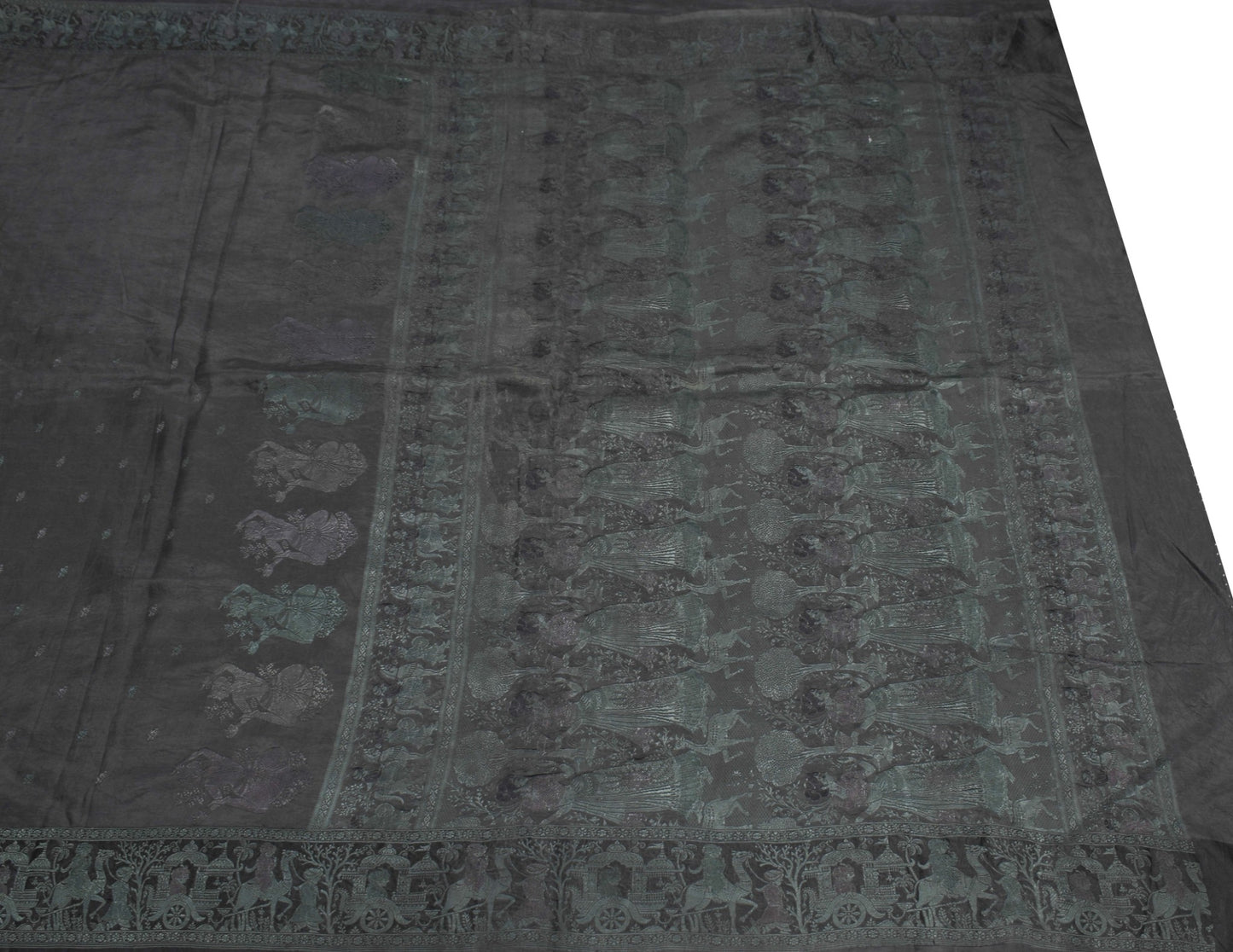 Sushila Vintage Baluchari Woven Saree Black Pure Silk Soft HEAVY Sari Fabric