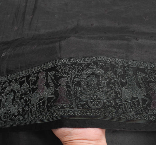 Sushila Vintage Baluchari Woven Saree Black Pure Silk Soft HEAVY Sari Fabric