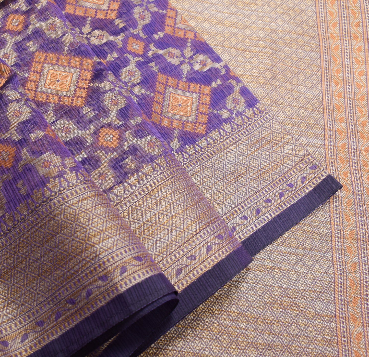 Sushila Vintage Blue Saree Art Cotton Silk Woven Geometrical Sari 6 Yard Fabric