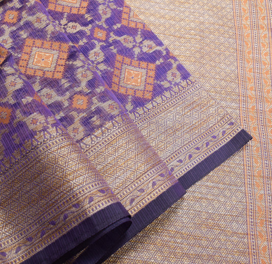 Sushila Vintage Blue Saree Art Cotton Silk Woven Geometrical Sari 6 Yard Fabric