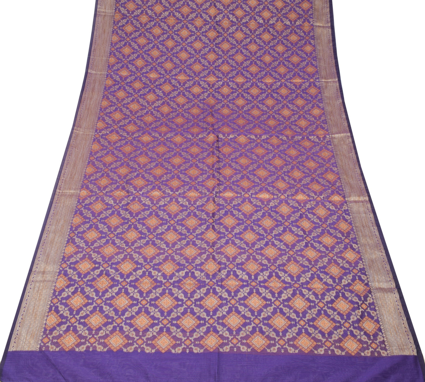 Sushila Vintage Blue Saree Art Cotton Silk Woven Geometrical Sari 6 Yard Fabric