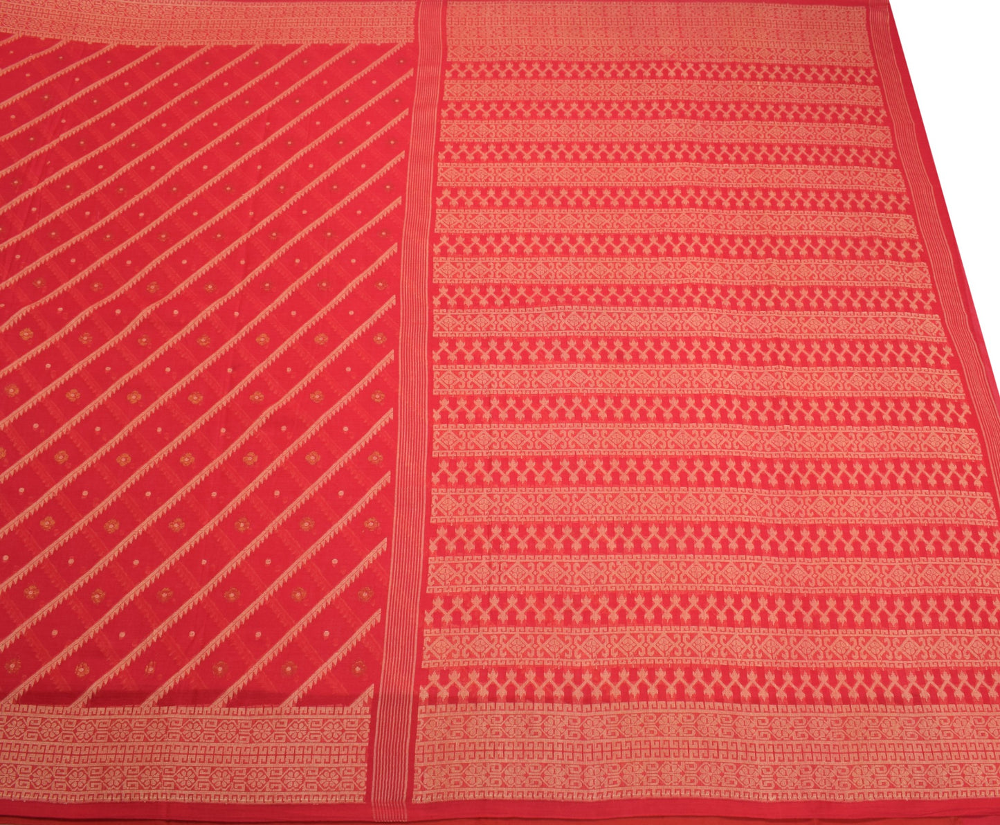 Sushila Vintage Red Hand Woven Saree 100% Pure Cotton Soft Indian Sari Fabric