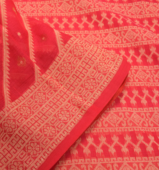 Sushila Vintage Red Hand Woven Saree 100% Pure Cotton Soft Indian Sari Fabric