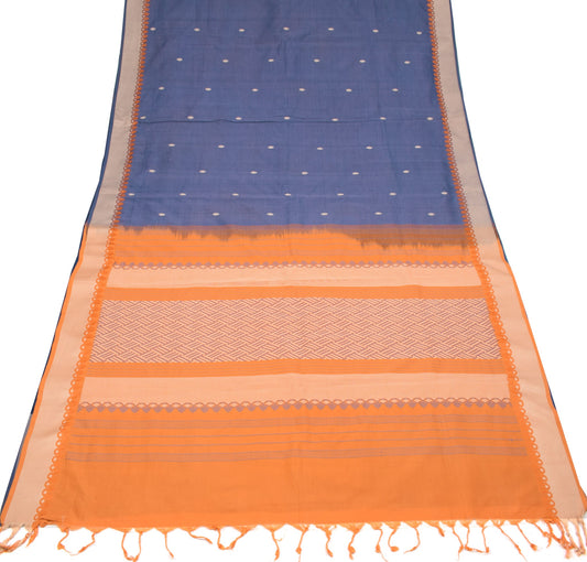 Sushila Vintage Steel Blue Saree 100% Pure Cotton Silk Hand Woven Sari Fabric