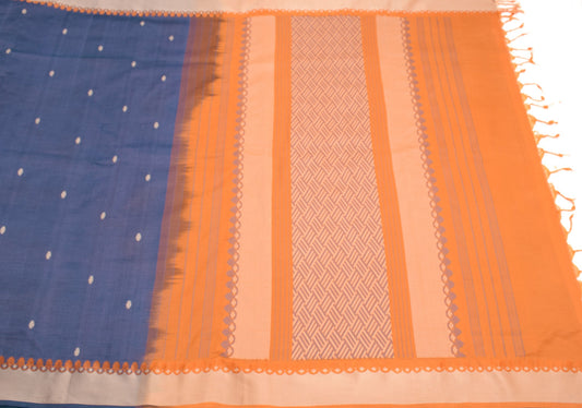 Sushila Vintage Steel Blue Saree 100% Pure Cotton Silk Hand Woven Sari Fabric