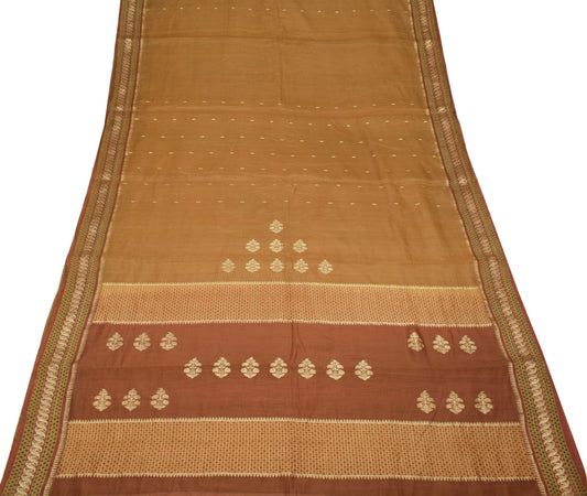 Sushila Vintage Brown Saree 100% Pure Silk Zari Brocade Woven Floral Sari Fabric