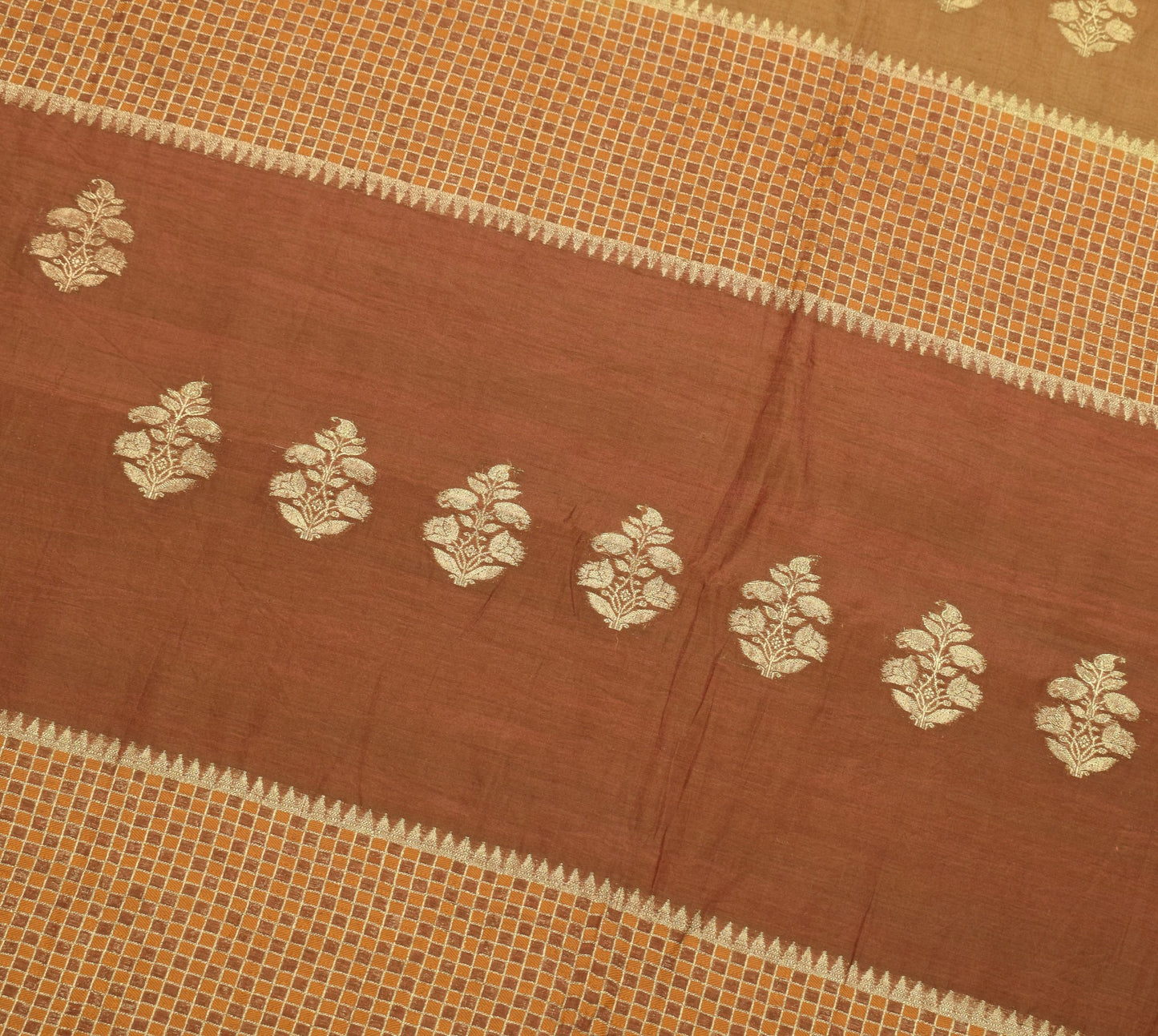 Sushila Vintage Brown Saree 100% Pure Silk Zari Brocade Woven Floral Sari Fabric