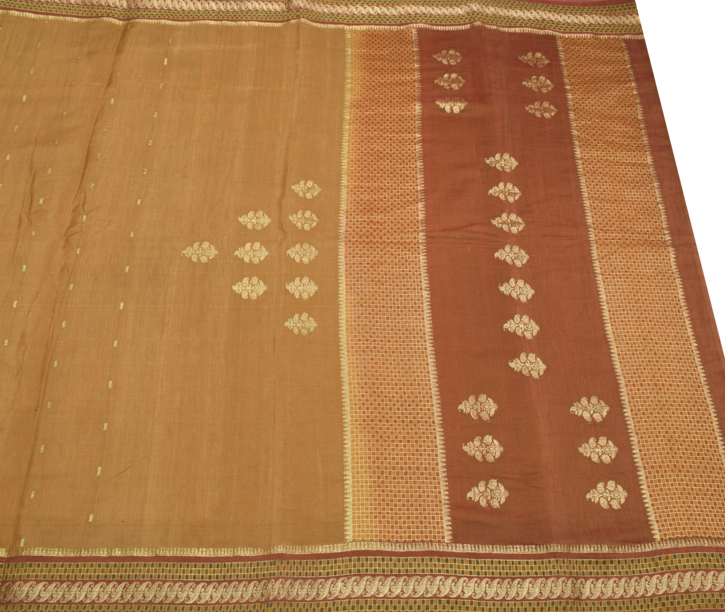 Sushila Vintage Brown Saree 100% Pure Silk Zari Brocade Woven Floral Sari Fabric