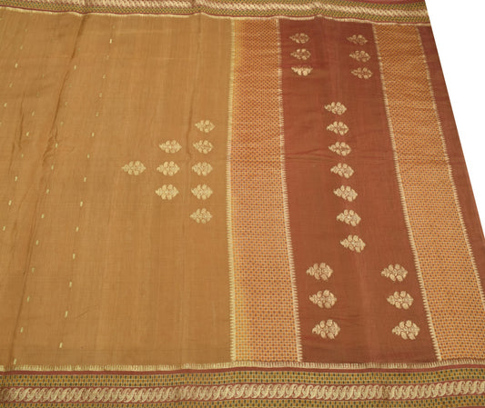 Sushila Vintage Brown Saree 100% Pure Silk Zari Brocade Woven Floral Sari Fabric
