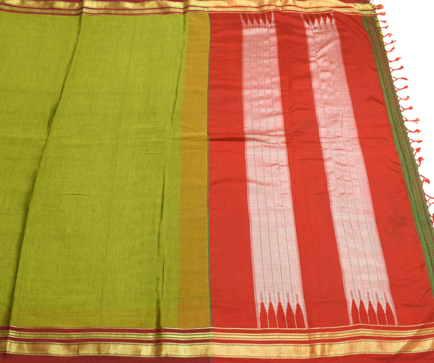 Sushila Vintage Ilkal Handloom Sari Pure Cotton Silk Green Saree Woven Fabric