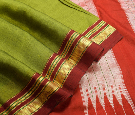Sushila Vintage Ilkal Handloom Sari Pure Cotton Silk Green Saree Woven Fabric