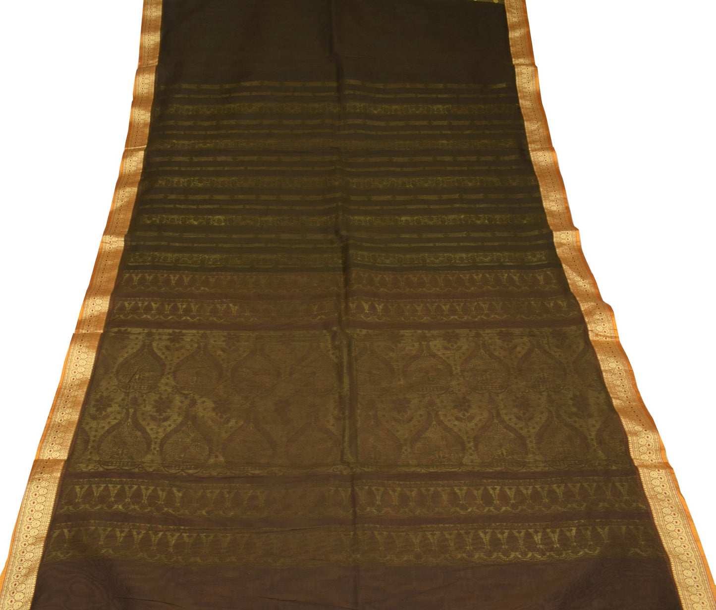 Sushila Vintage Green Saree  Mustard Border Pallu Pure Silk Woven Sari Fabric