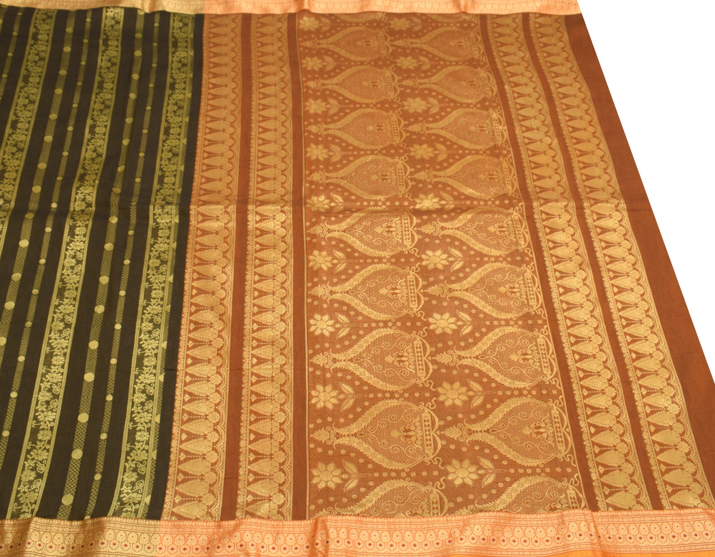 Sushila Vintage Green Saree  Mustard Border Pallu Pure Silk Woven Sari Fabric