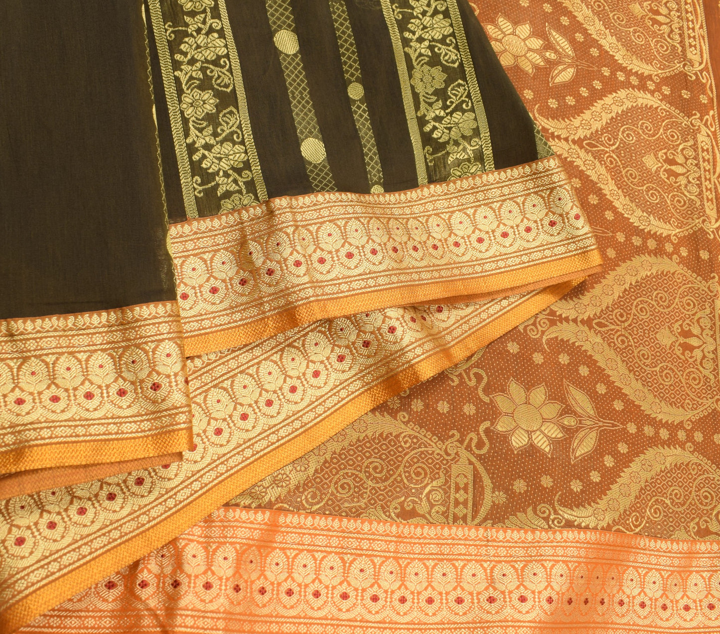 Sushila Vintage Green Saree  Mustard Border Pallu Pure Silk Woven Sari Fabric