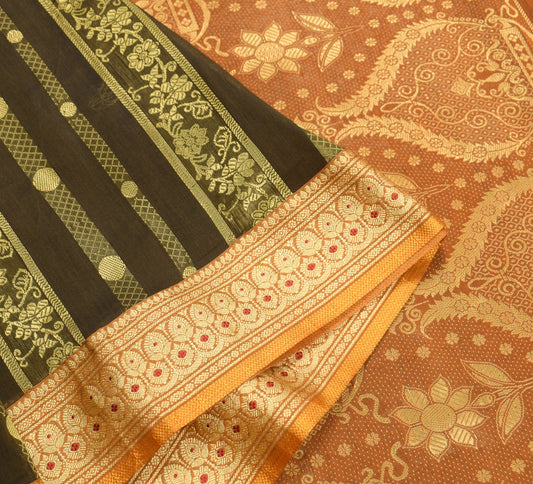 Sushila Vintage Green Saree  Mustard Border Pallu Pure Silk Woven Sari Fabric