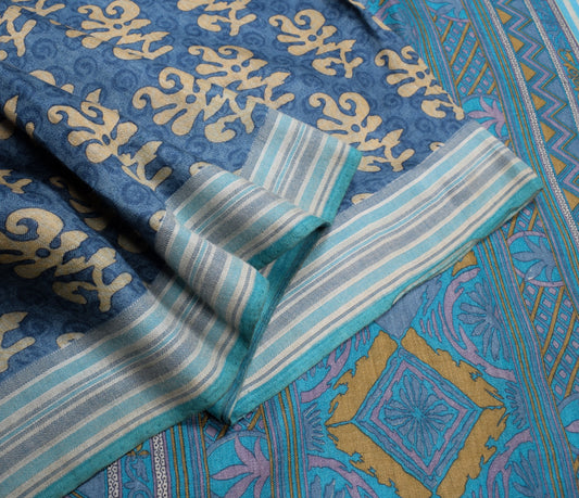 Sushila Vintage Shade of Blue Saree Pure Woolen Woven & Printed 6Yds Sari Fabric